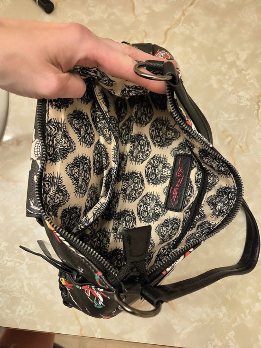Ed Hardy Tattoo Print Grommet Pocket Shoulder Bag in Black & Red - Picture 3 of 3